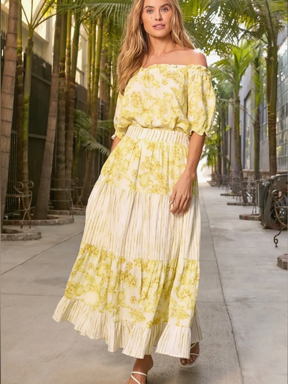 2022. Mixed media floral ruffle maxi skirt in lemon yellow